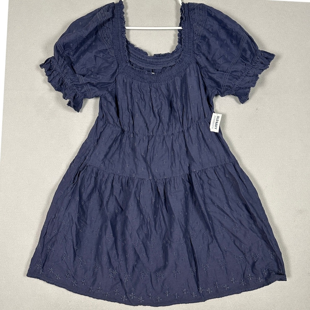 NEW Old Navy Dress Womens Medium Tiered Mini Dark Blue Embroidered Puff Sleeve
